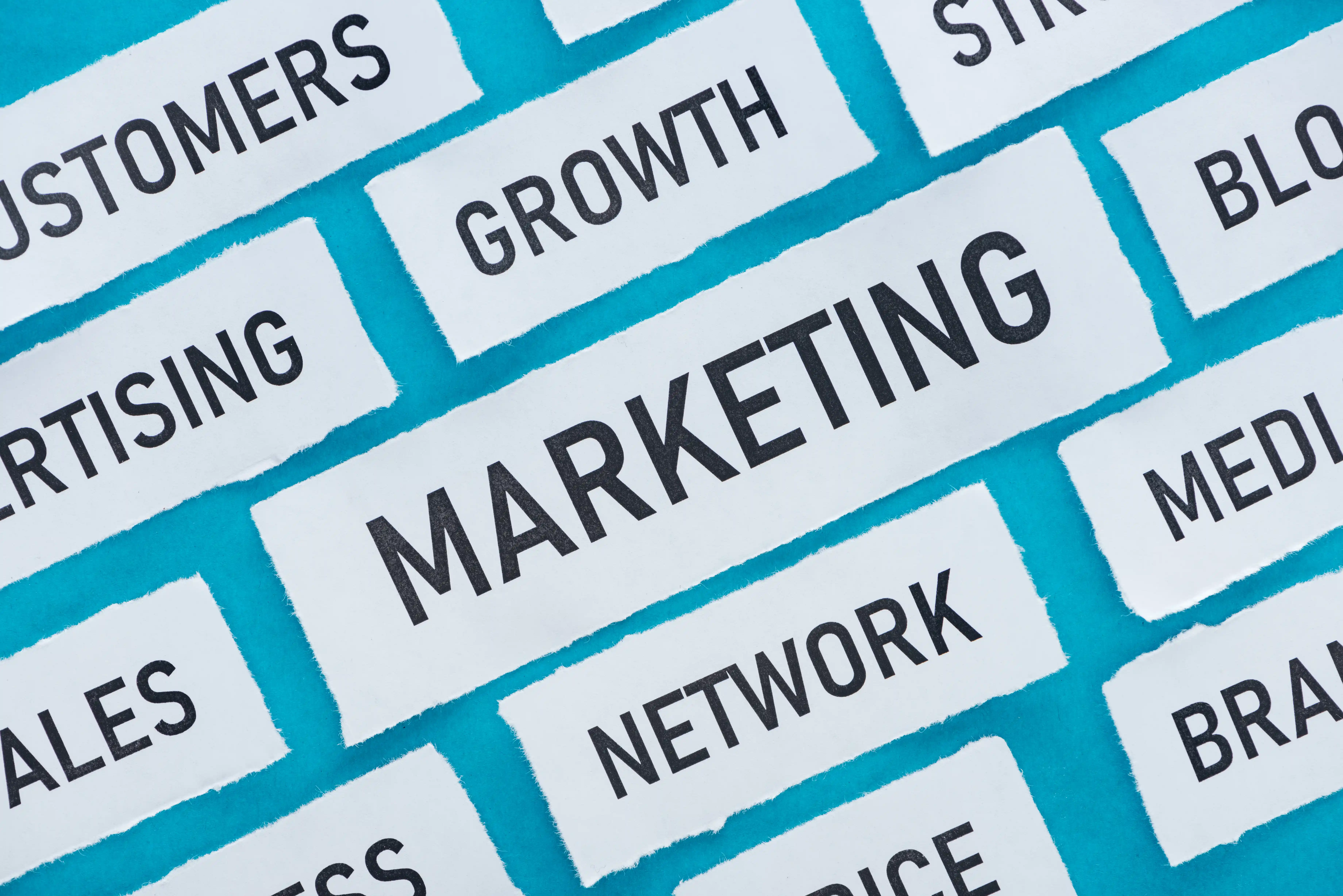 Marketing planning components arranged on a creative desk